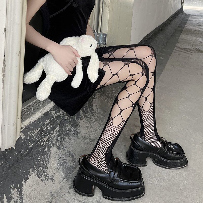 Black Fishnet Hollow Cross Thigh-Highs - 图片 5