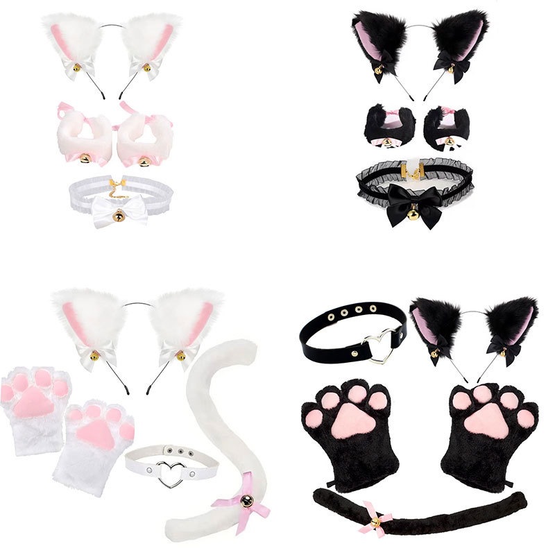 2025 Cat Paw Cosplay Set – Ears + Tail + Bell Headband + Gloves (4 Colors) - 图片 4