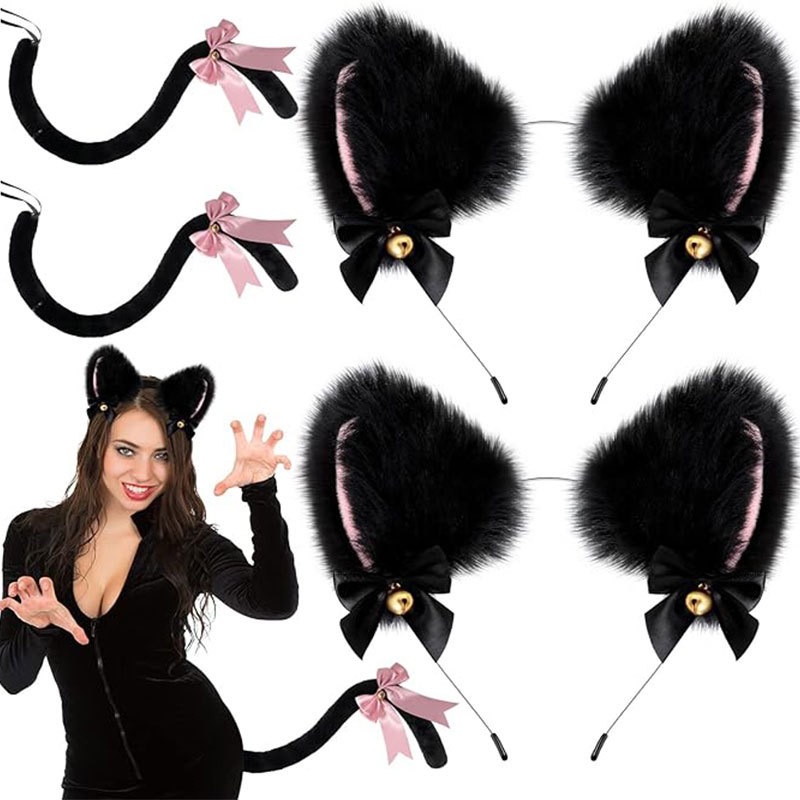 2025 Cat Paw Cosplay Set – Ears + Tail + Bell Headband + Gloves (4 Colors) - 图片 3