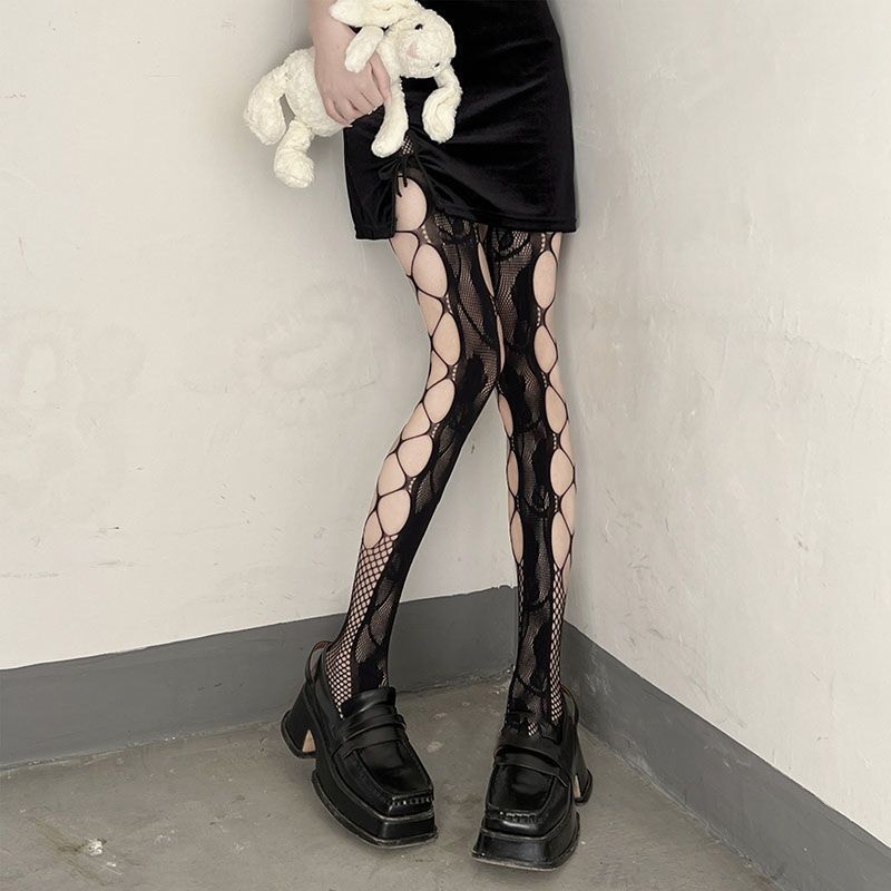 Black Fishnet Hollow Cross Thigh-Highs - 图片 3