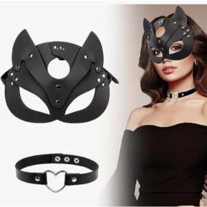 Black Cat-Fox Style Mask Set with Heart Choker